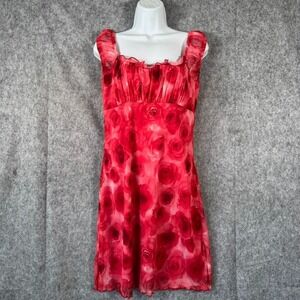 Y2K Babydoll Dress Womens Large‎ Fairycore Milkmaid Vtg 90s Floral Red Chiffon